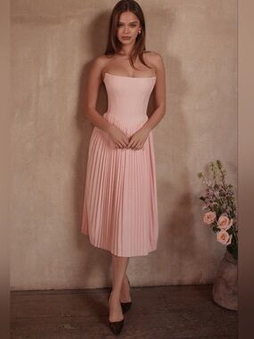 House of CB Marci Corset Pink Pleated Midi Strapless Dress Size Small